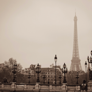 A view of the eiffel tower from across the street.